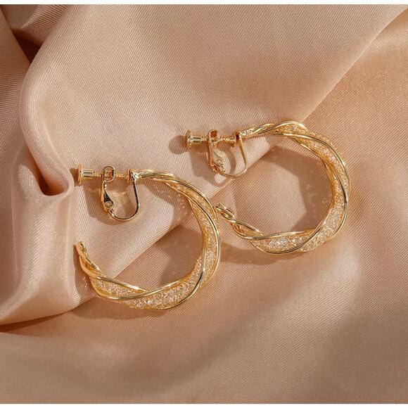 Clip on 1 1/2" silver or gold mesh open back hoop earrings - Picture 3 of 4